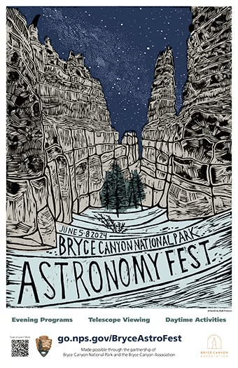 Promotional poster featuring night time graphic line drawing of Bryce Canyon mountains, pine trees and the night sky