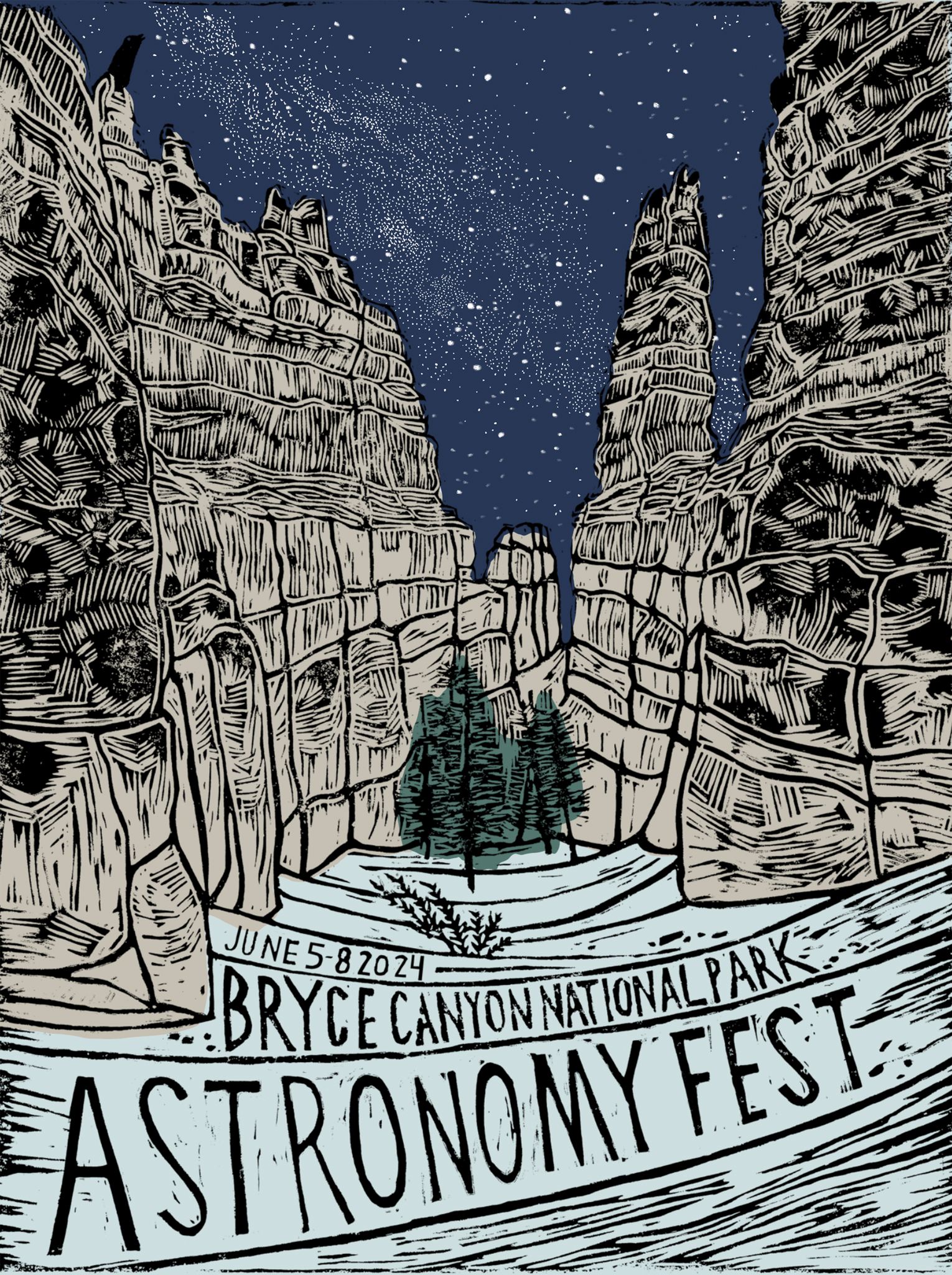 Promotional poster featuring night time graphic line drawing of Bryce Canyon mountains, pine trees and the night sky