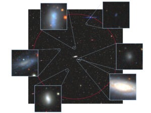 An image of a Milky Way-like galaxy and its system of satellite galaxies. The SAGA survey identified six small satellite galaxies in orbit around this Milky Way analog.