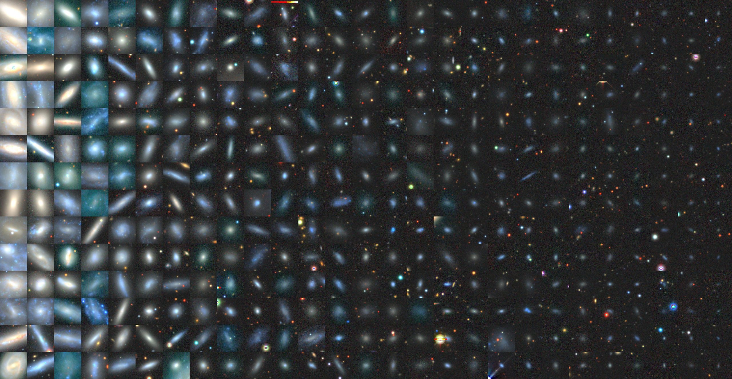 A mosaic of the images of 378 satellites across 101 Milky Way-like systems that the SAGA team has surveyed. The satellite images are sorted by their luminosity from left to right.