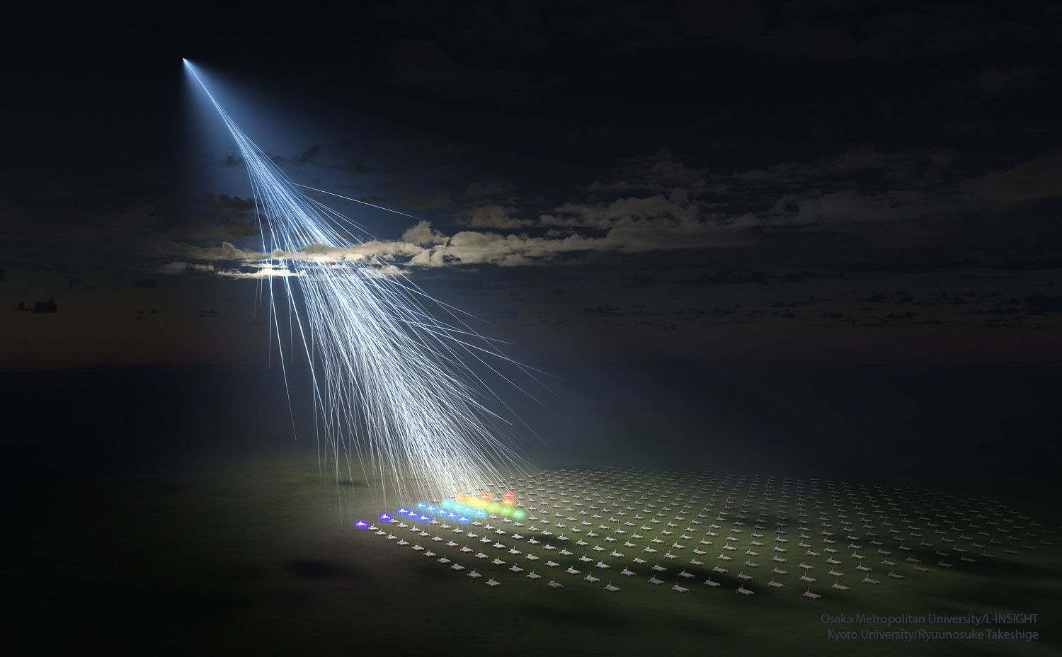 A cosmic ray air shower is pictured striking the Telescope Array in Utah, USA.