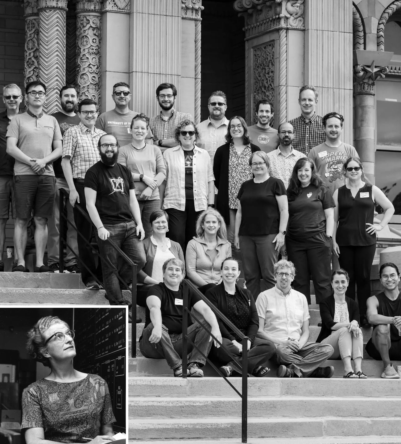 A group of individuals seated and standing on steps outside of a building. The inset photo contains a photo of Nancy Roman.