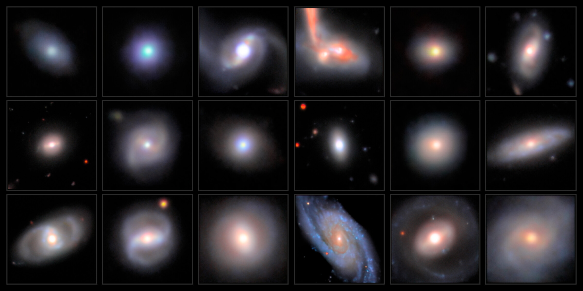 This mosaic shows a series of images featuring intermediate-mass black hole candidates, arranged in increasing order of stellar mass, captured with the Subaru Telescope’s Hyper Suprime-Cam.