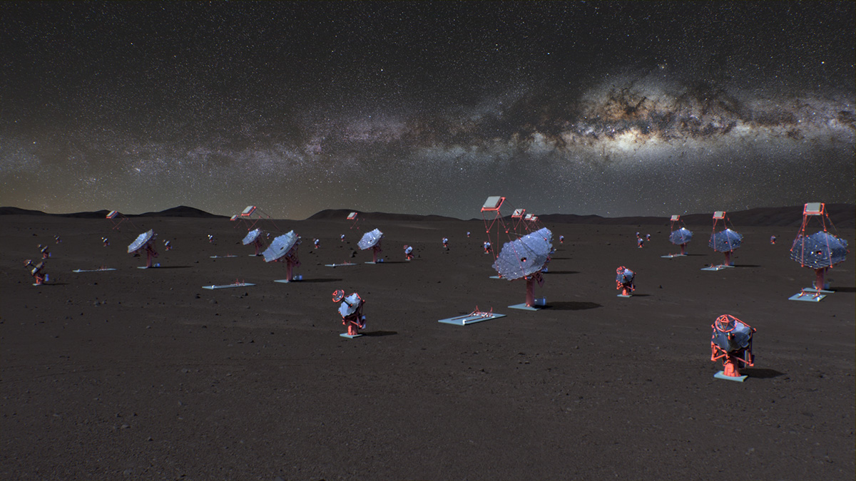 A rendering of a telescope array, with numerous smaller and larger telescopes looking up underneath the Milky Way.