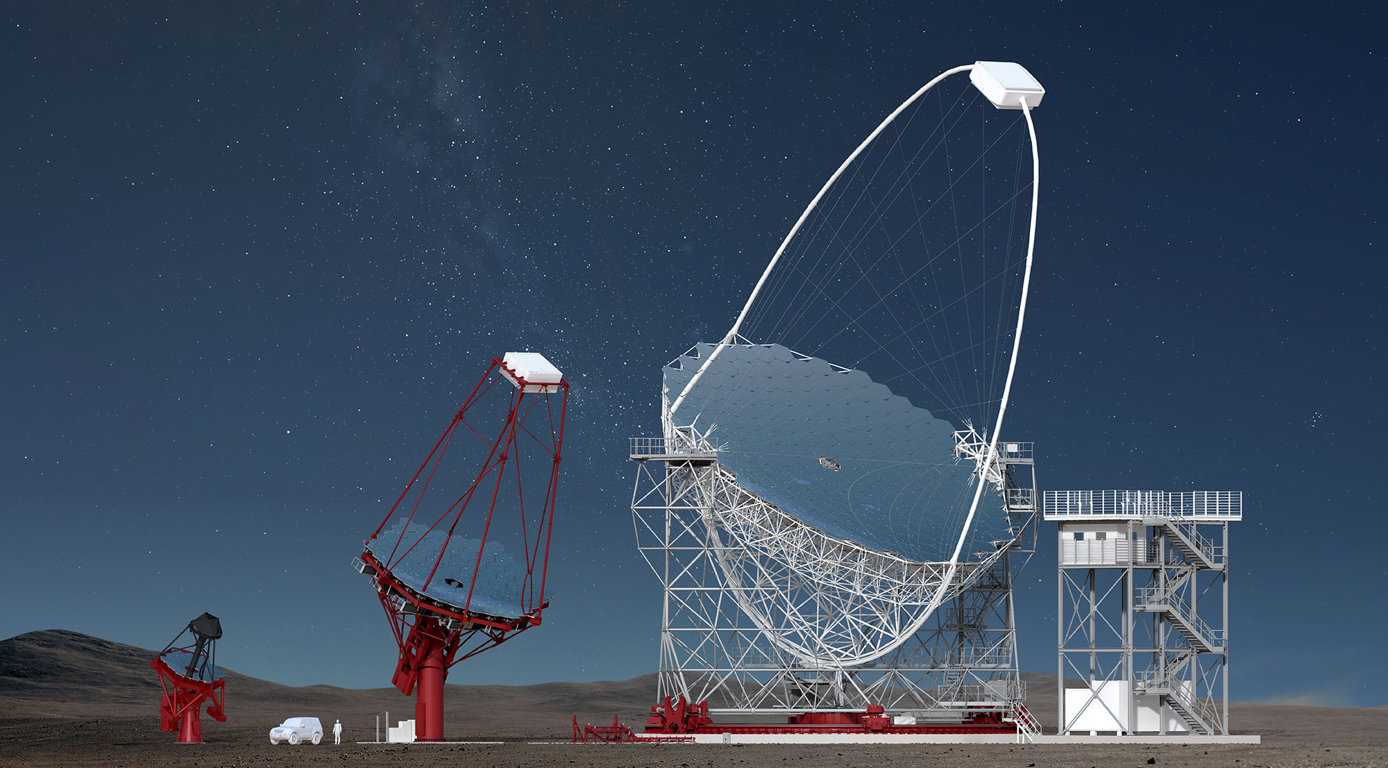 Three classes of telescopes are required to cover the full CTAO energy range. A medium-sized telescope is depicted third from the left.